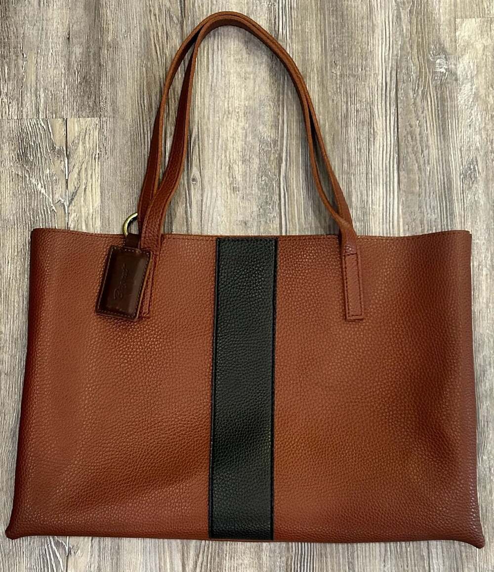 Vince Camuto Luck Tote Brown Pebbled Vegan Leather Shoulder Bag with Black Strip